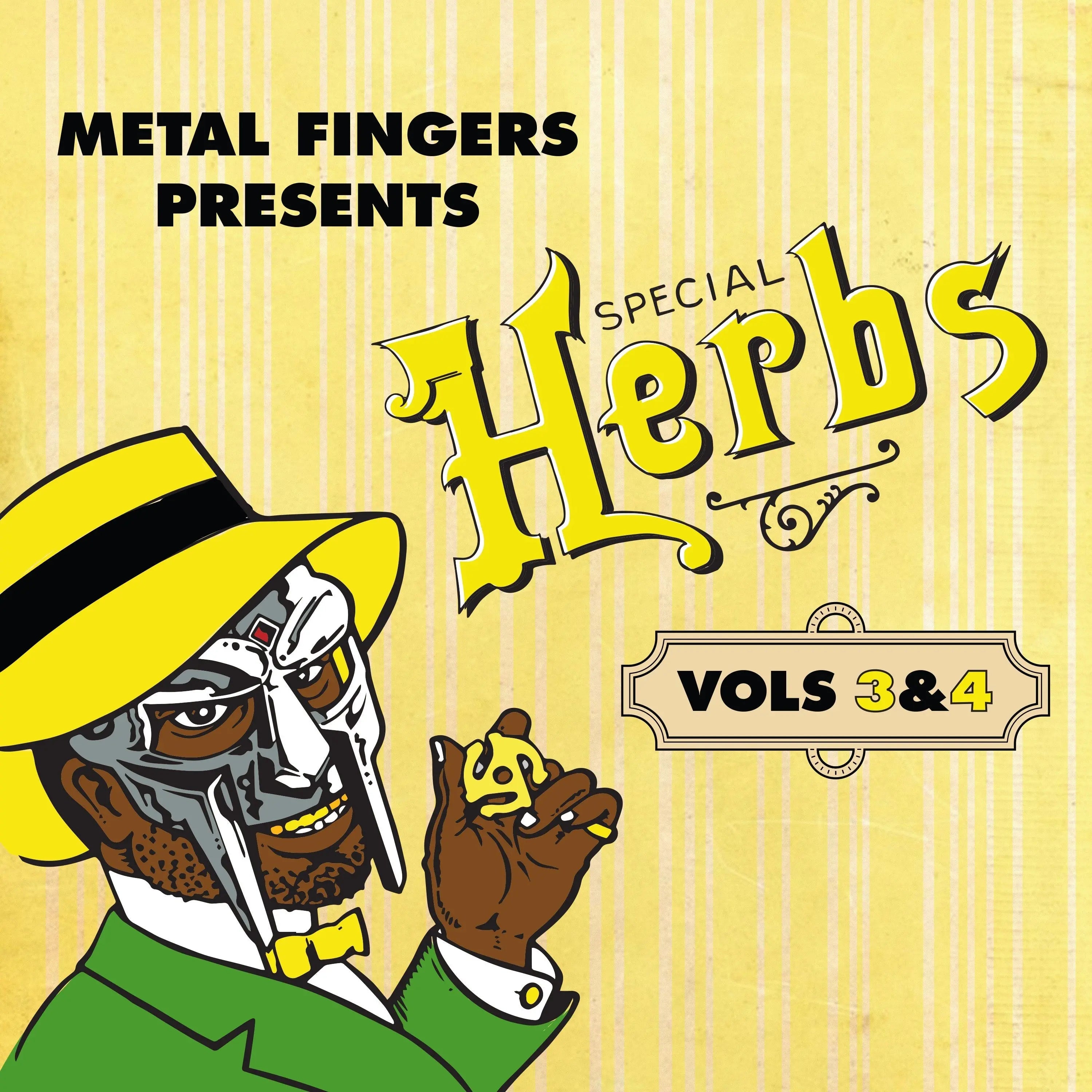 MF DOOM Special Herbs Vol. 3 & 4 vinyl 2LP with lemon yellow cover, hip-hop rap album by Rhymesayers Entertainment.