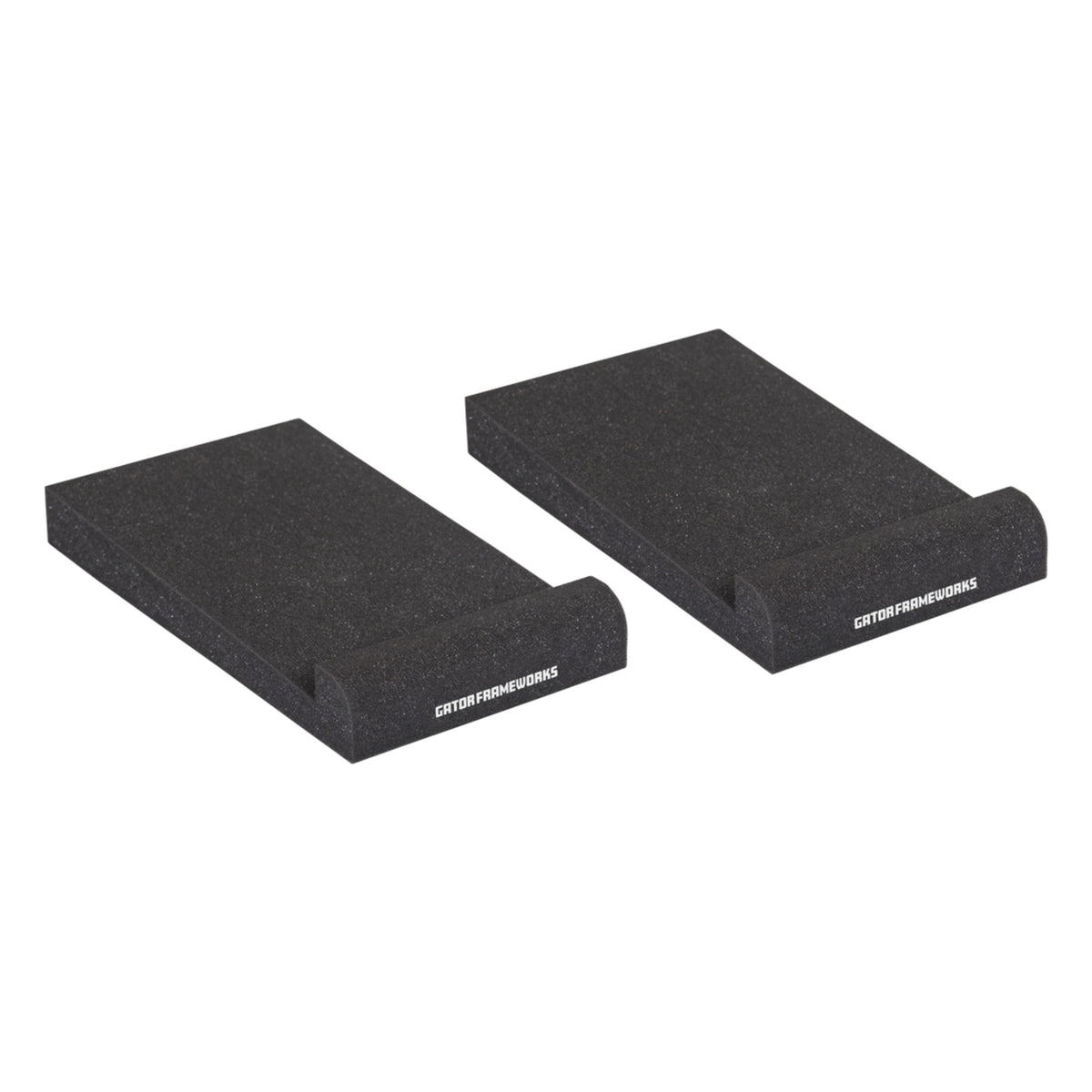Gator Studio Monitor Isolation Pads placed on studio monitor stands for sound isolation and improved audio clarity.