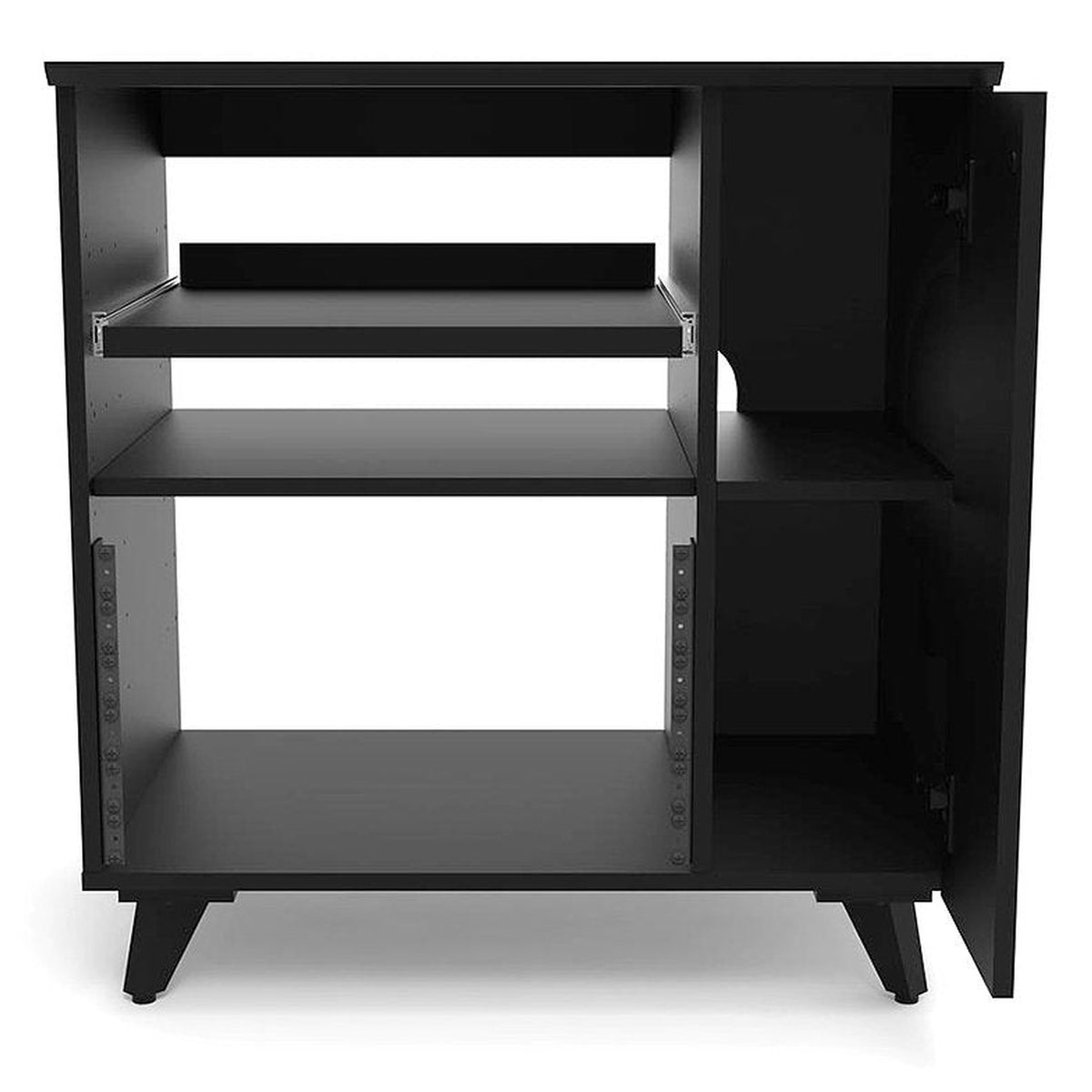Glorious Modular Side Rack for DJ tables and furniture, showing a sleek black metal frame with adjustable shelves.