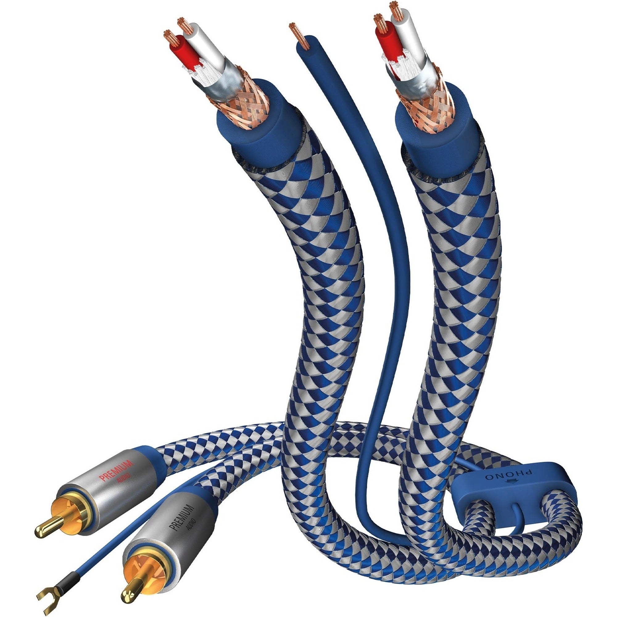 In-akustik Premium Phono Dual RCA cable with ground wire, 1.5m, showing dual RCA connectors and sturdy cable construction.