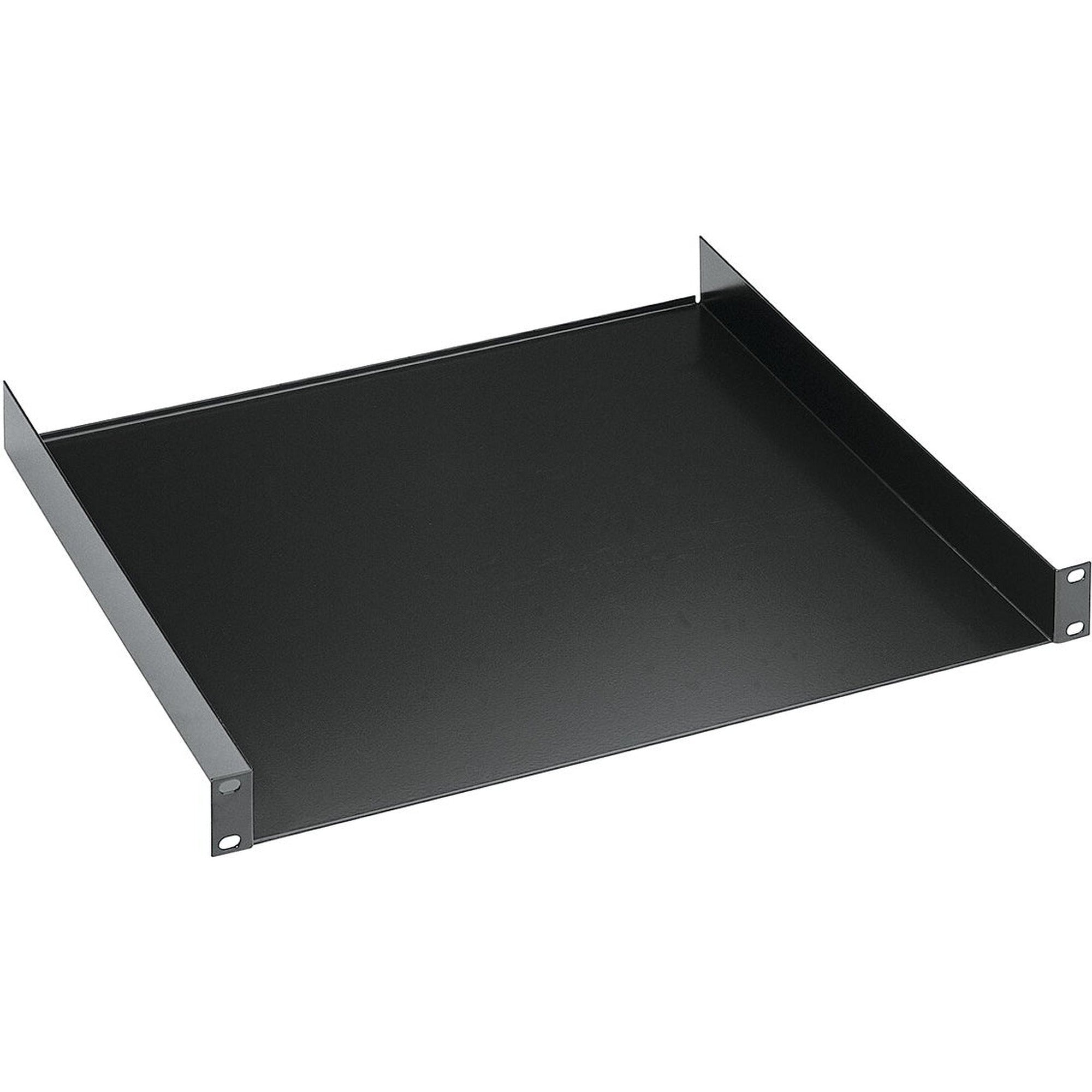 K&M 28481 19-inch rack shelf 1U accessory, showing a sturdy metal shelf with mounting brackets for audio or equipment racks.