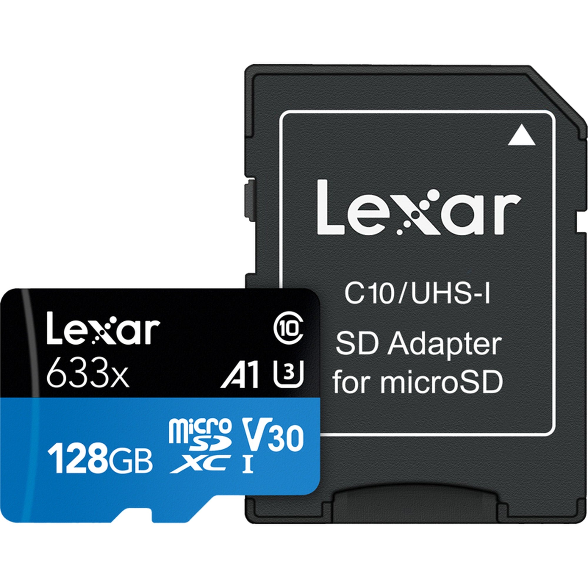 Lexar 633X microSDHC/SDXC V30 128GB memory card with adapter, shown with its packaging and card slot.