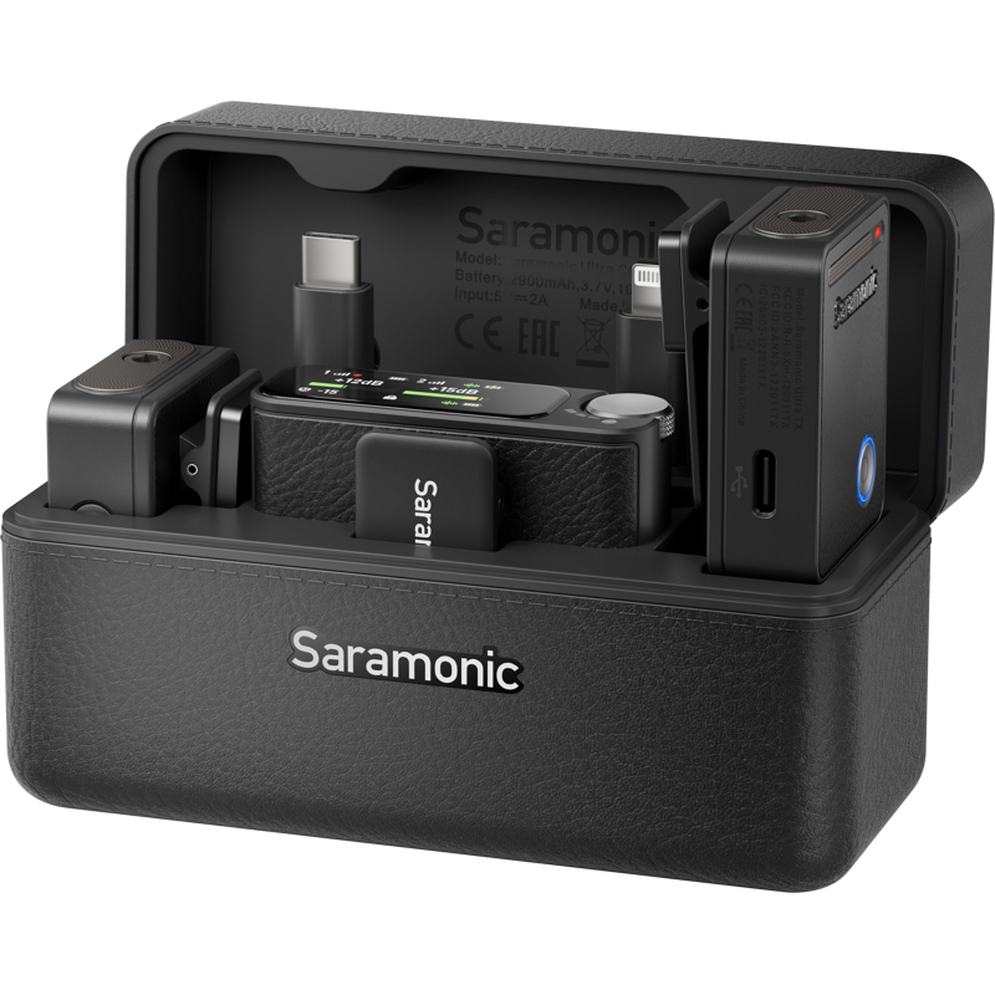 Saramonic Ultra Creator Wireless Microphone System in black, compact design with microphone and receiver components.