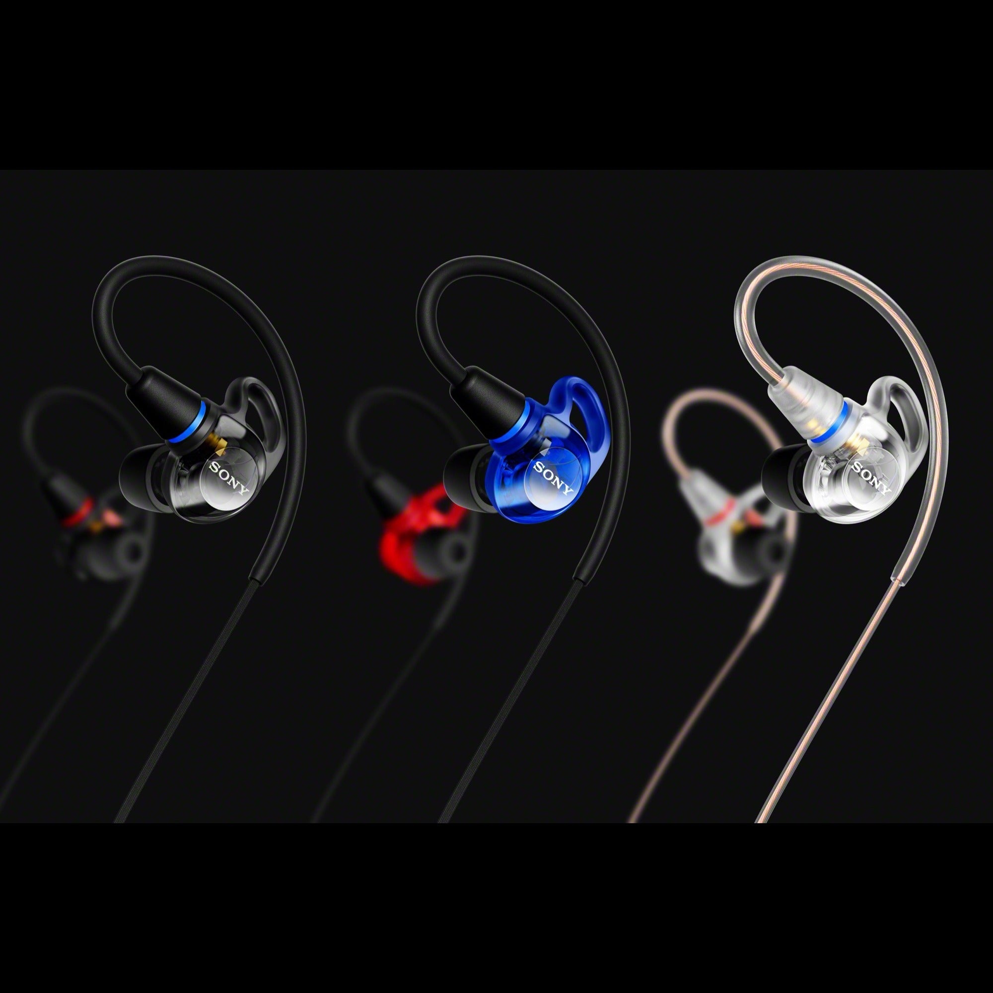 Sony IER-M500 in-ear monitors in clear, black and red and blue finishes