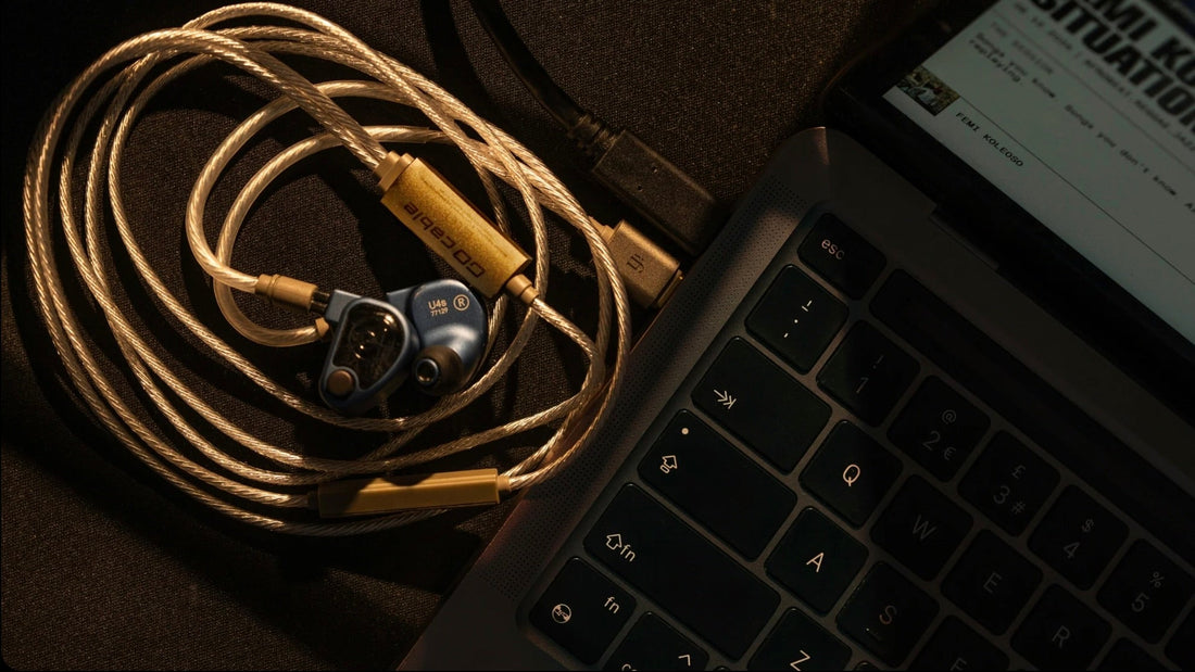 iFi Audio GO cable coiled beside a laptop with in-ear monitors