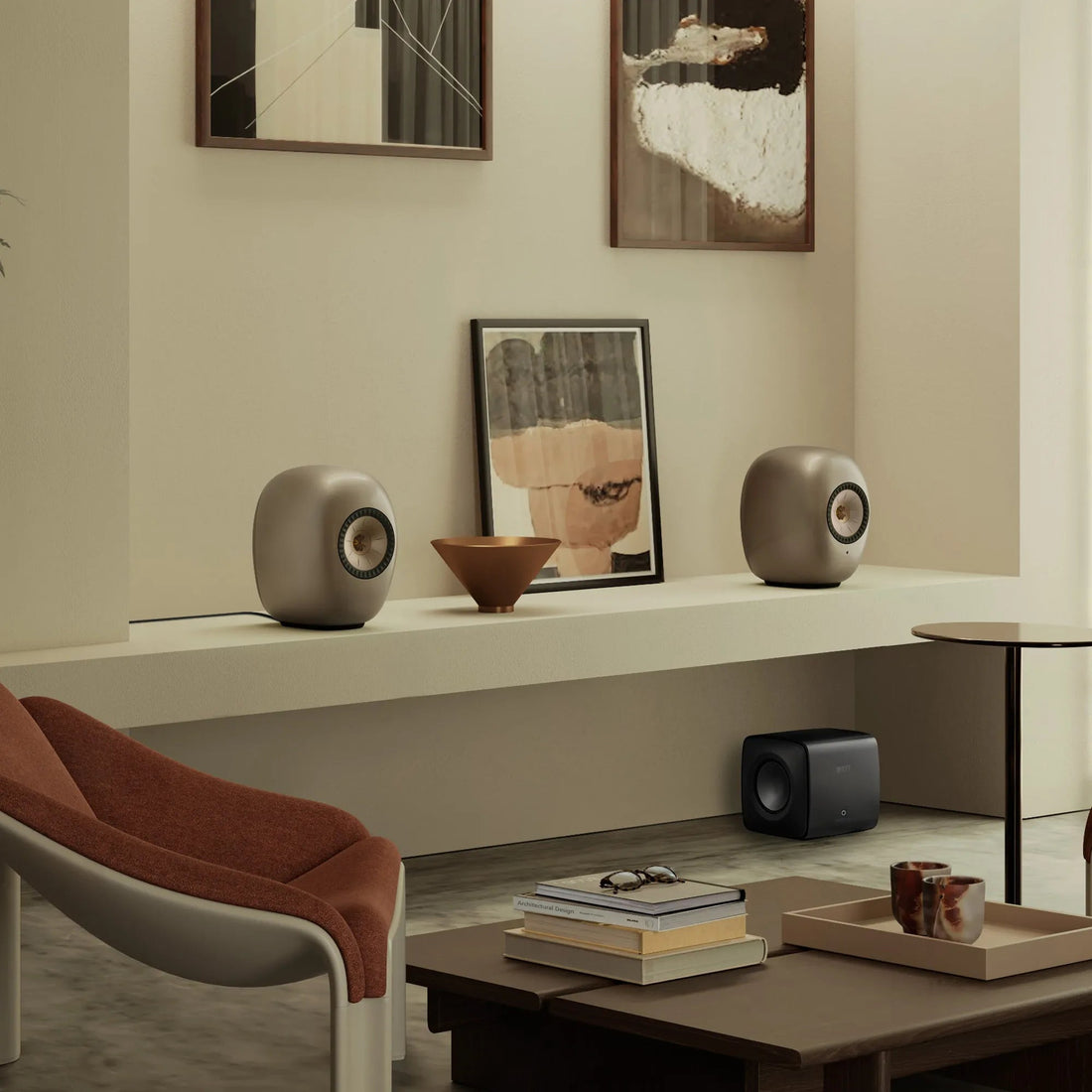 KEF LS Luxe in Dusk Titanium on a living room shelf