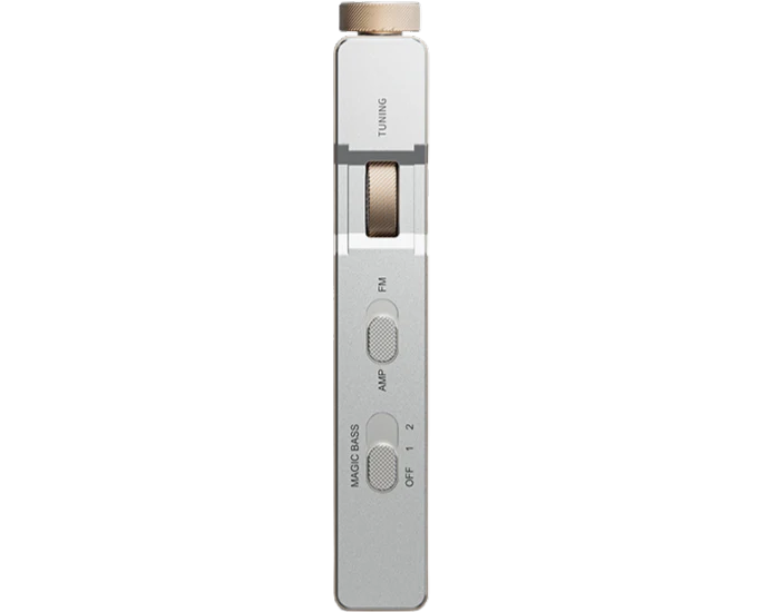 FiiO RR11 radio with digital display and control knobs, featuring a sleek black design and antenna for AM/FM radio reception.