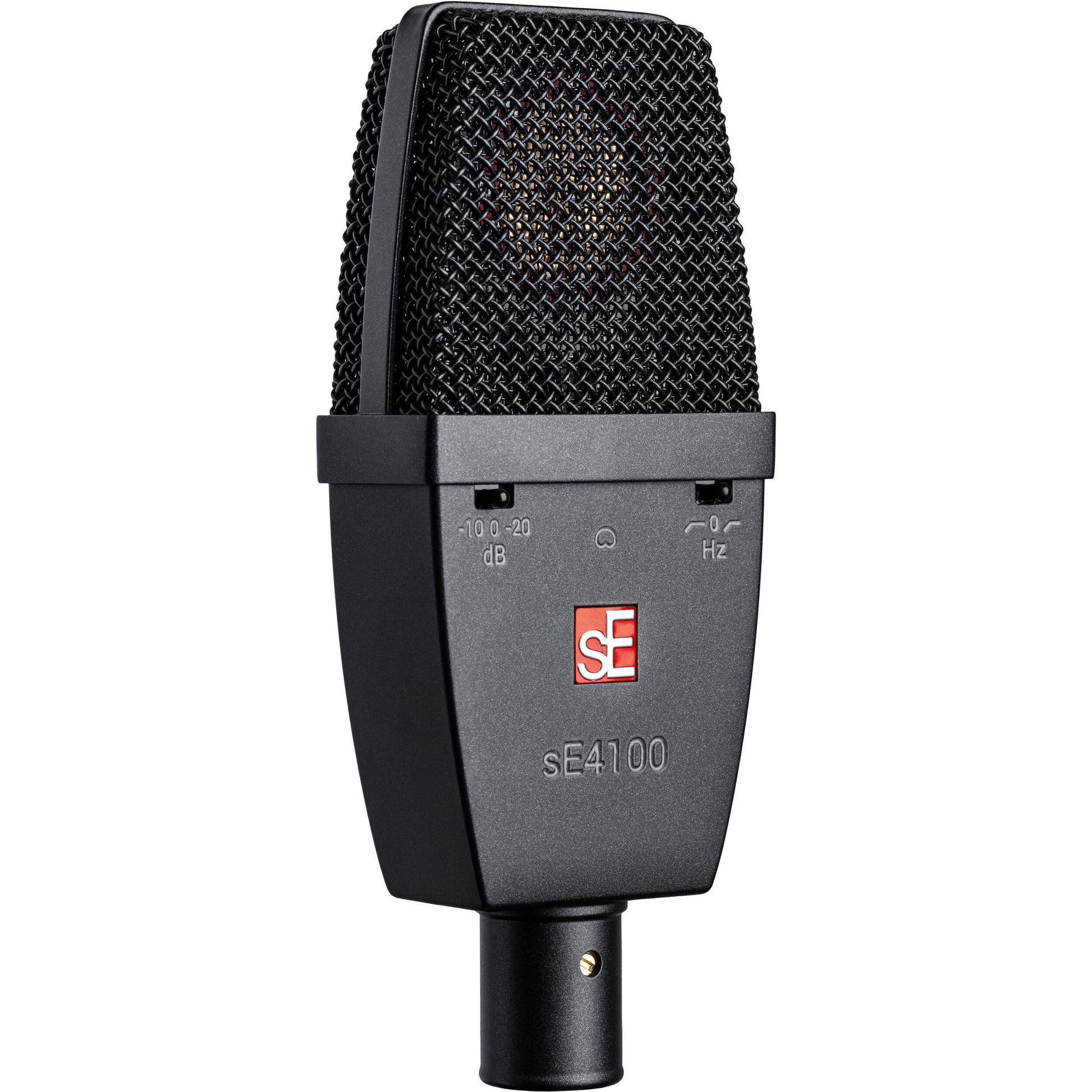 SE Electronics sE4100 condenser microphone with metal grille and sleek black body, designed for studio recording.