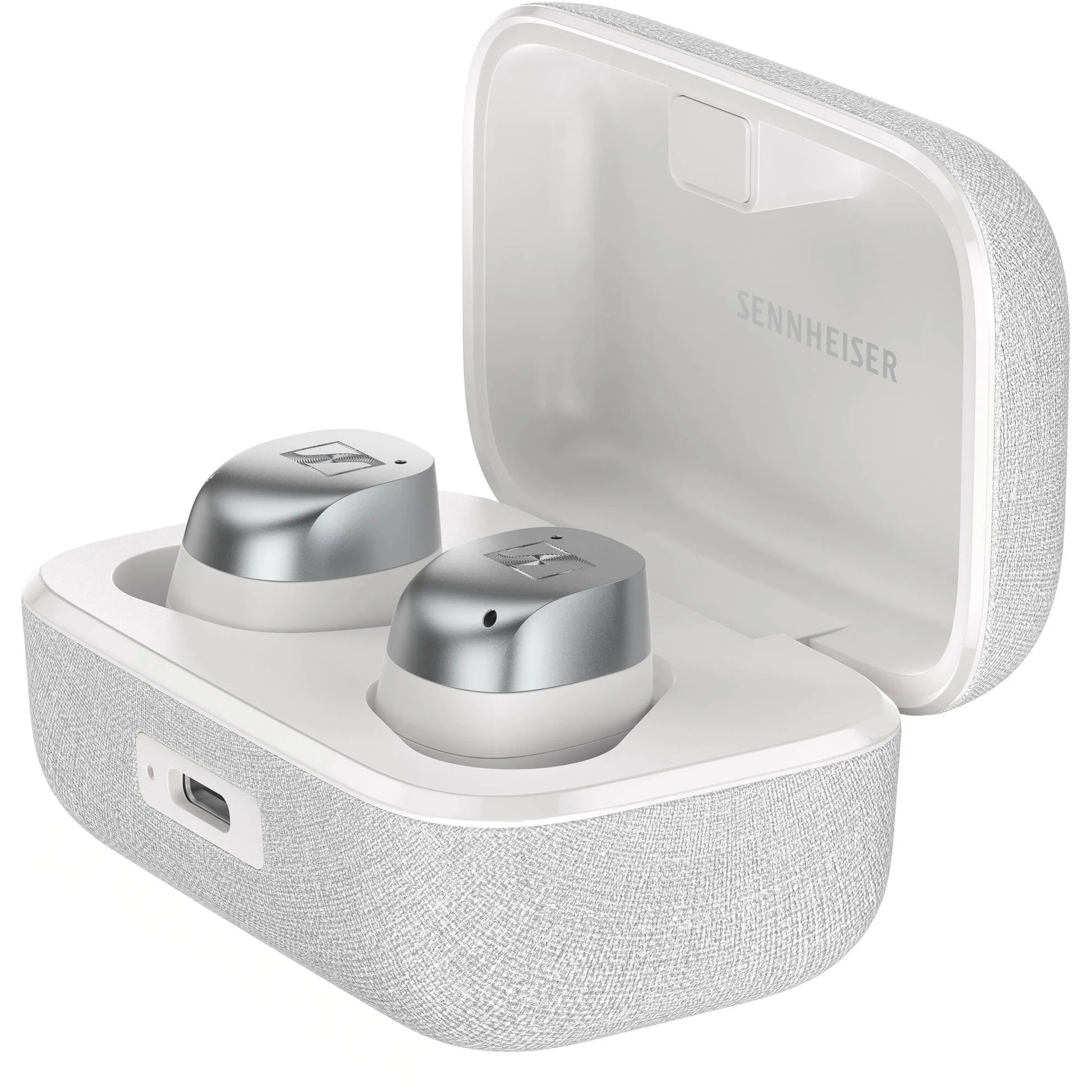 Sennheiser Momentum True Wireless 4 in-ear headphones with sleek design and matte black finish, shown on a plain background.