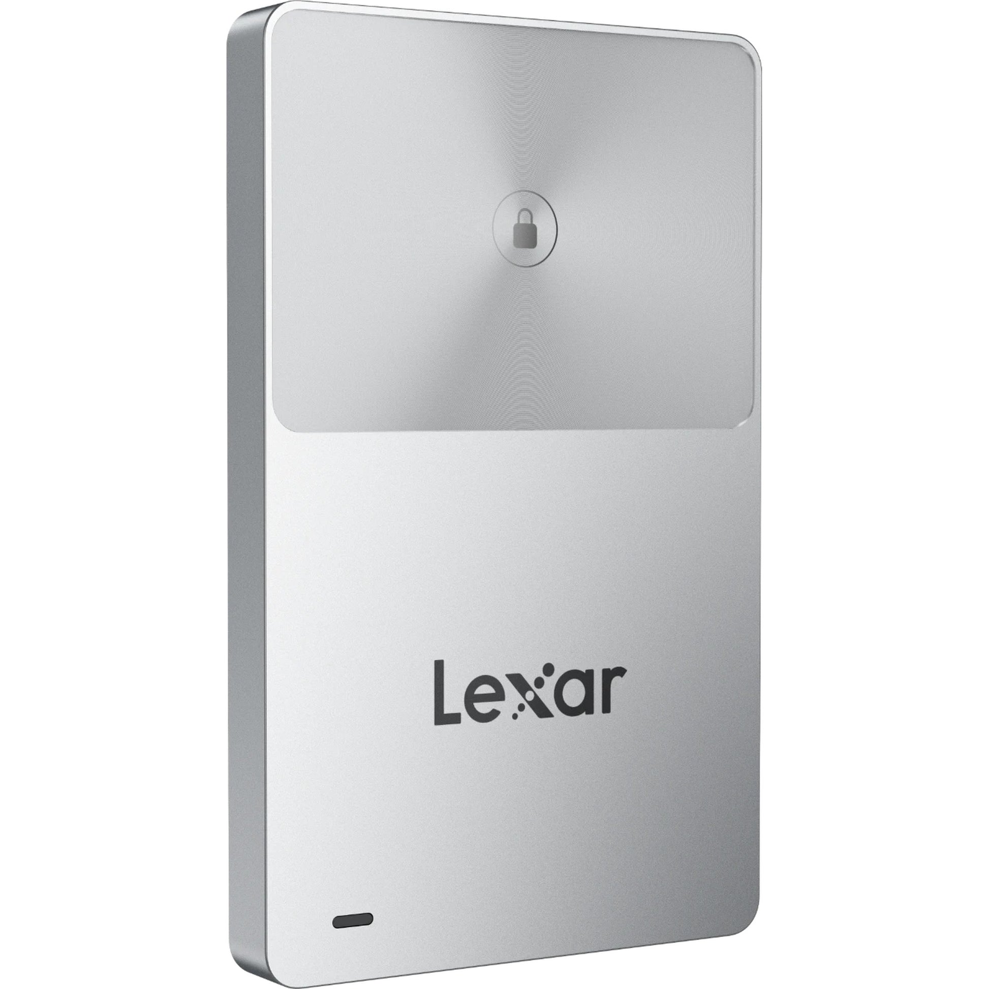 Lexar TouchLock Portable SSD external drive with sleek black design and secure fingerprint lock system.