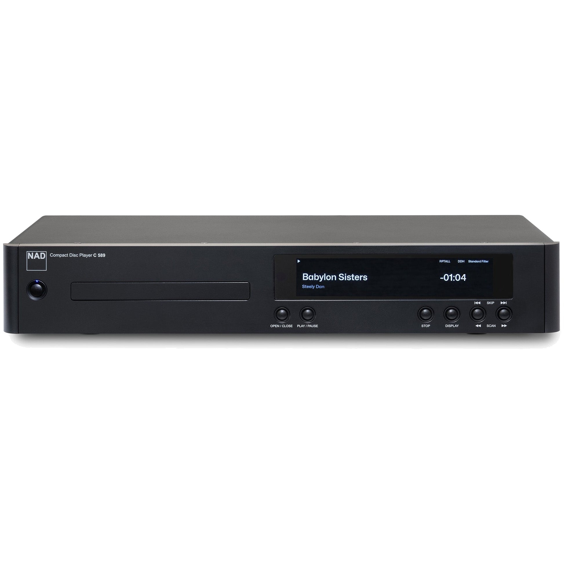 NAD C 589 CD player with front view showing sleek black design and control buttons on the front panel.
