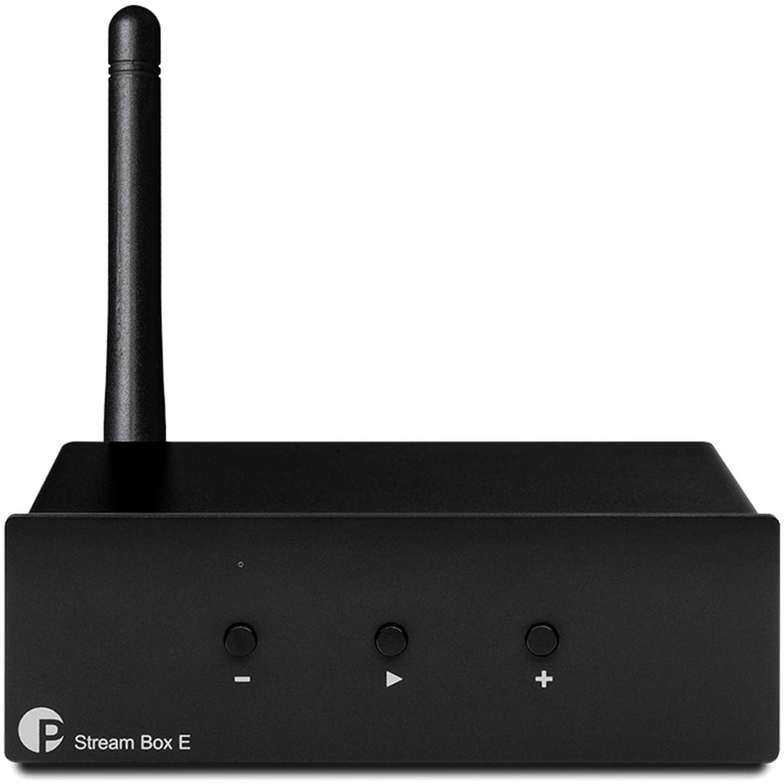 Pro-Ject Stream Box E music streamer with front view, compact design, and digital controls for high-quality audio streaming.