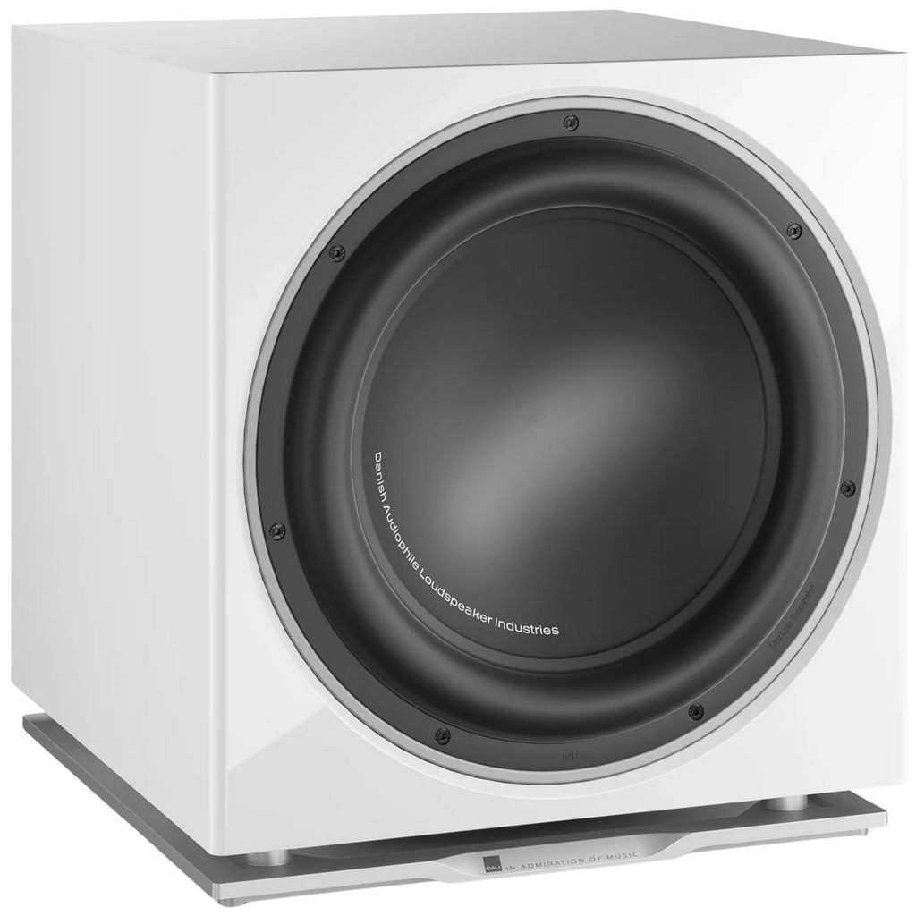 DALI Sub K-14 F subwoofer with sleek black enclosure and 14-inch driver for deep bass sound.
