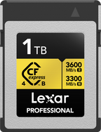 Lexar CFexpress 4.0 Pro Gold memory card with fast read/write speeds, designed for professional photography and videography.