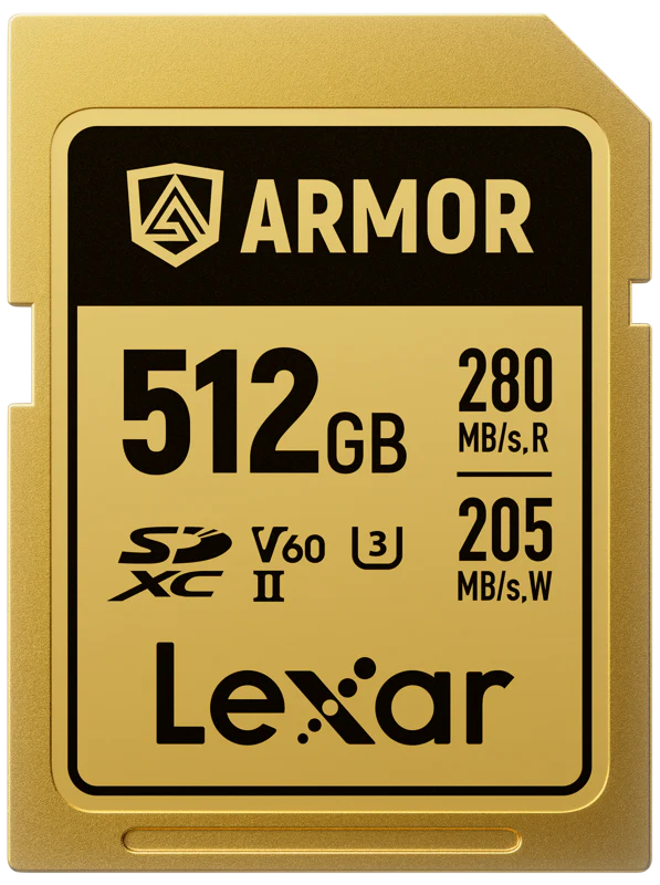 Lexar SDXC Armor Gold UHS-II U3 memory card with stainless steel body and IP68 waterproof rating, shown in close-up.