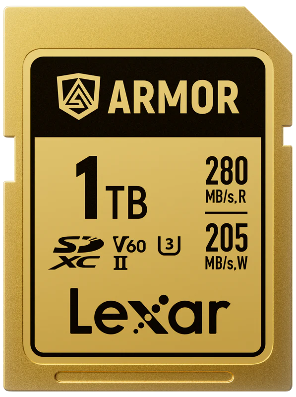 Lexar SDXC ARMOR Gold UHS-II U3 stainless steel memory card with IP68 waterproof rating and V60 video speed class.