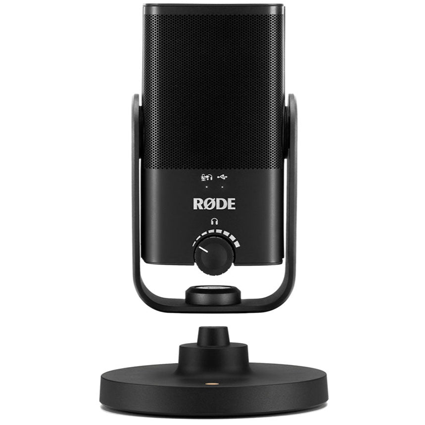 Rode NT-USB Mini USB microphone on a stand with a black body and compact design for high-quality audio recording.