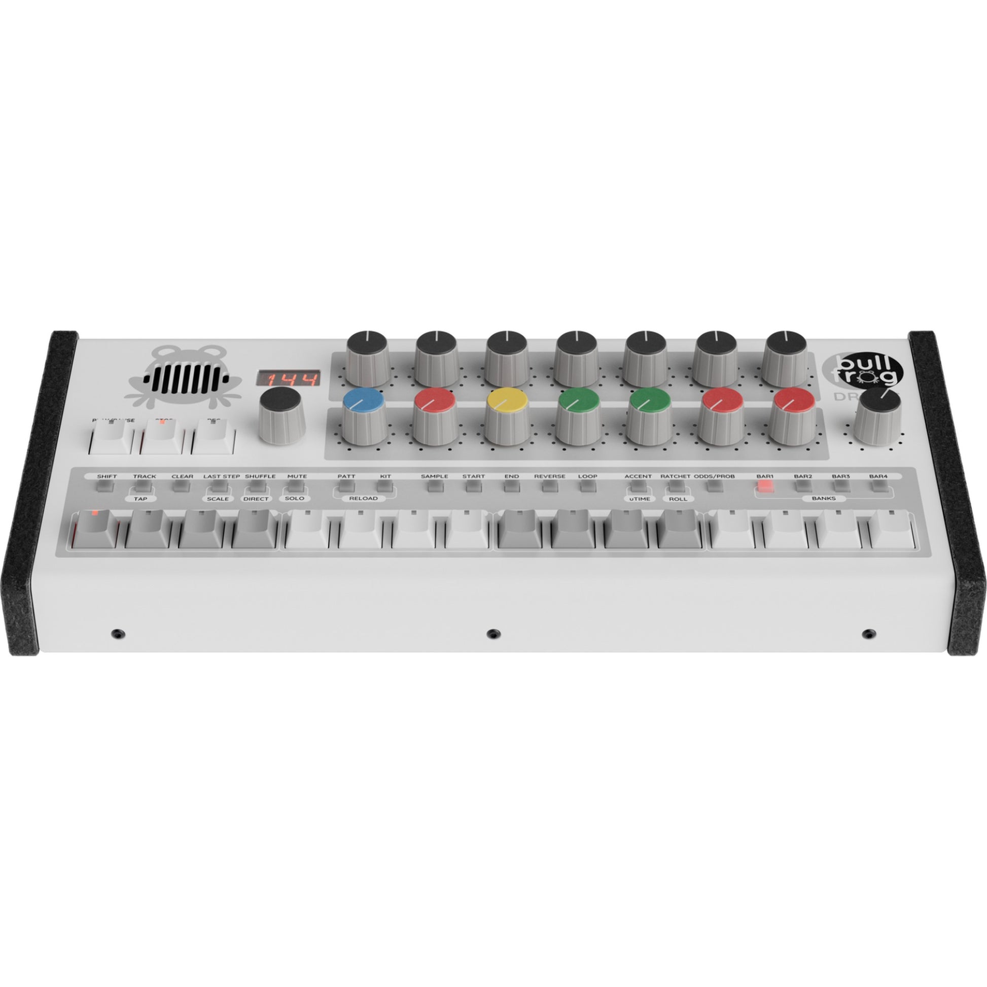 Erica Synths Bullfrog drum machine with colorful knobs and interface, used for electronic beats and sound sampling.