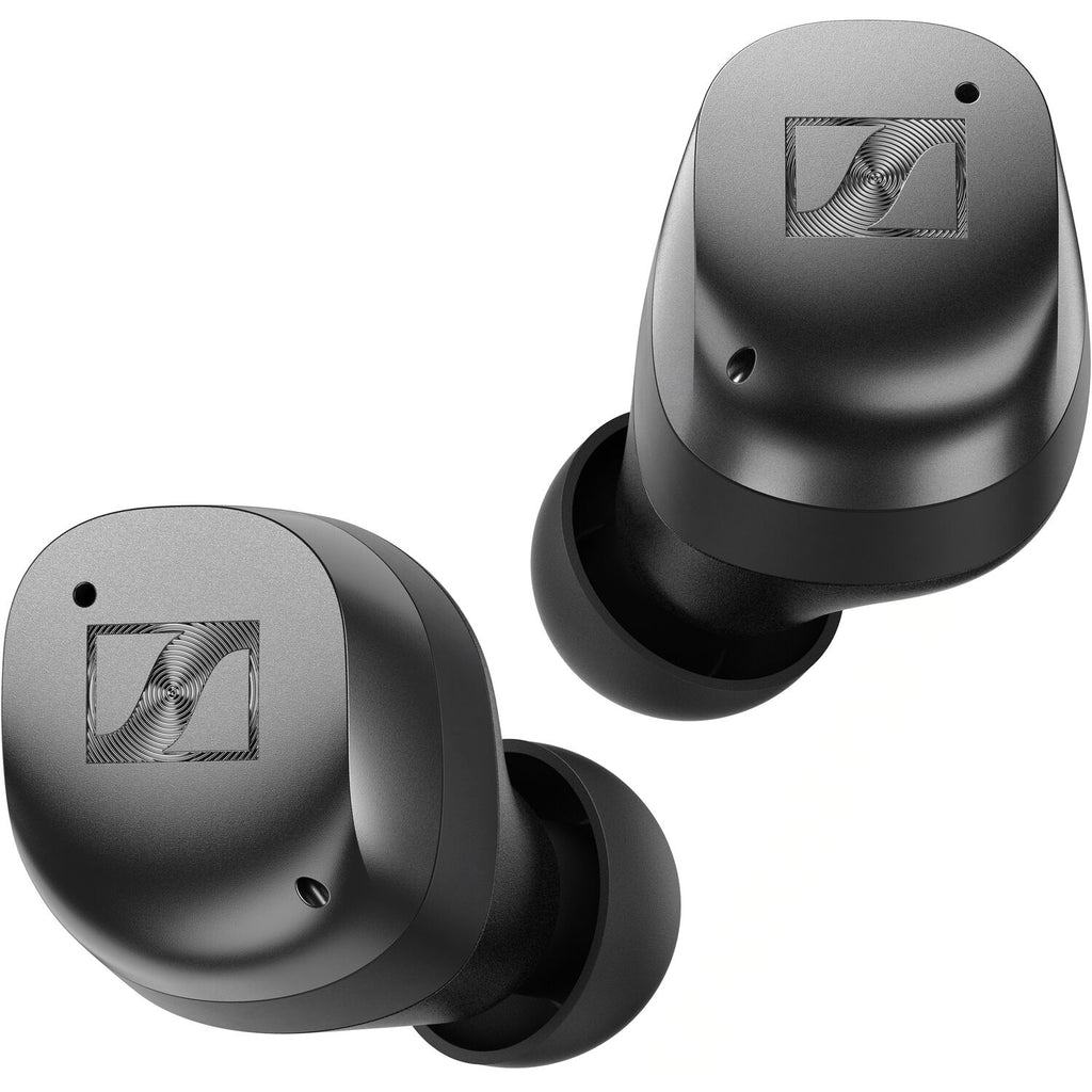 Sennheiser Momentum True Wireless 4 in-ear headphones with sleek black design and charging case, showing earbuds and accessory.
