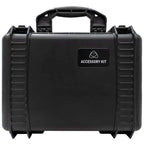 Open view of the Atomos Universal Accessory Kit with various video accessories in a black carrying case.