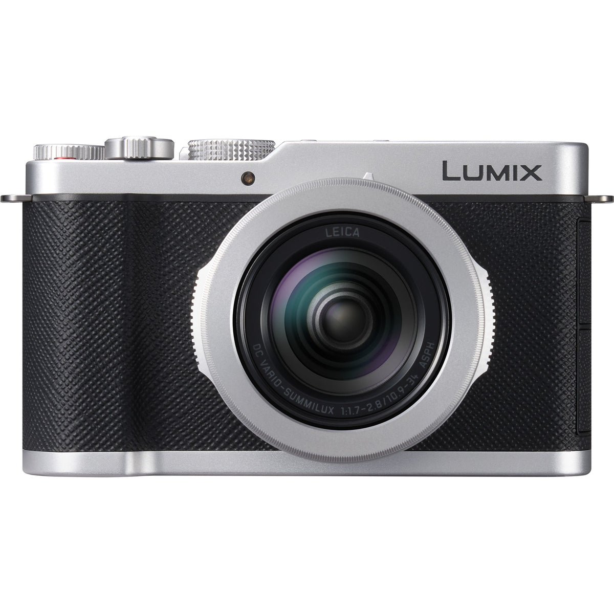 Front view of Panasonic Lumix L10 video camera showing lens, controls, and compact design.