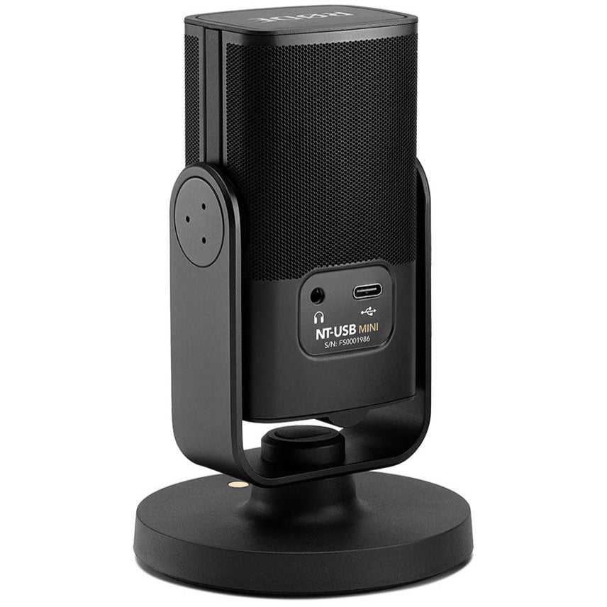 Rode NT-USB Mini USB microphone with black body and adjustable stand, ideal for podcasting and streaming.