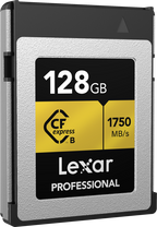 Lexar CFexpress Pro Gold memory card with R1750/W1500 read/write speeds, detailed close-up of the high-performance accessory.