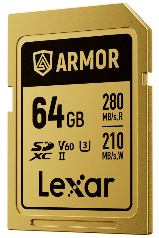 Lexar SDXC ARMOR Gold UHS-II U3 stainless steel memory card with IP68 waterproof and dustproof design, V60 video speed class.