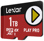 Lexar PLAY PRO microSDXC Express memory card with storage capacity, featuring a black and orange design for high-speed data transfer.