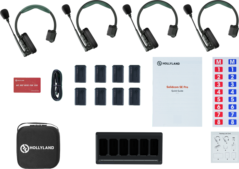 Hollyland Solidcom SE Pro wireless headset system with four headsets for professional video communication and audio clarity.