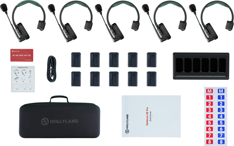 Hollyland Solidcom SE Pro wireless headset system with five professional headsets for video production and communication.