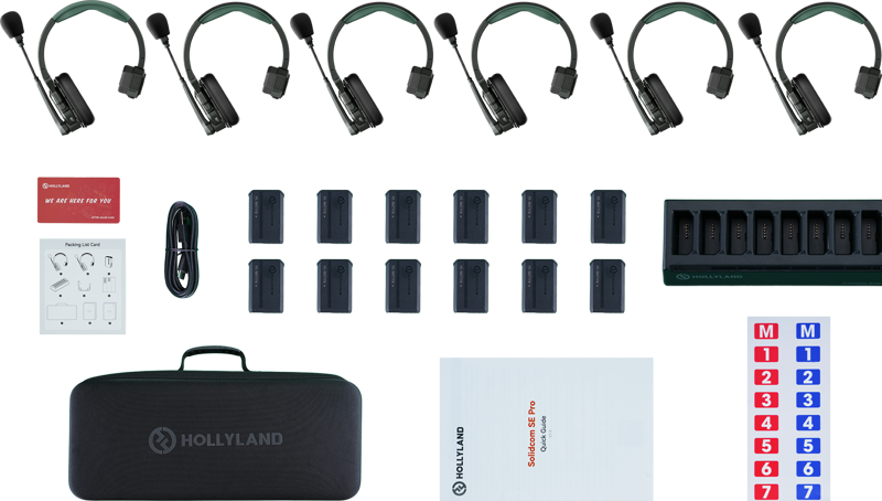 Hollyland Solidcom SE Pro wireless intercom system with six headsets, professional video equipment for clear communication.
