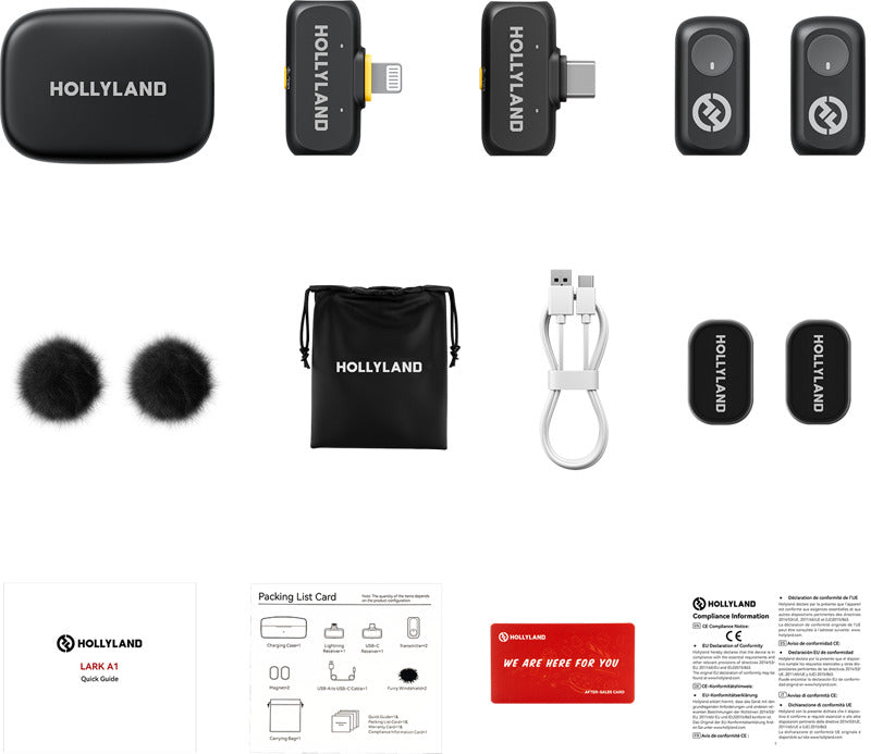 Hollyland Lark A1 Creator Wireless Microphone System with compact transmitters and receiver for high-quality audio recording.