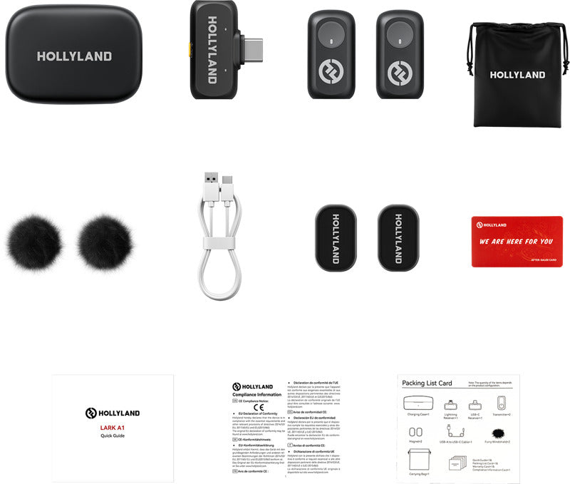 Hollyland Lark A1 Duo creator wireless microphone system with two compact transmitters and receiver for high-quality audio recording.