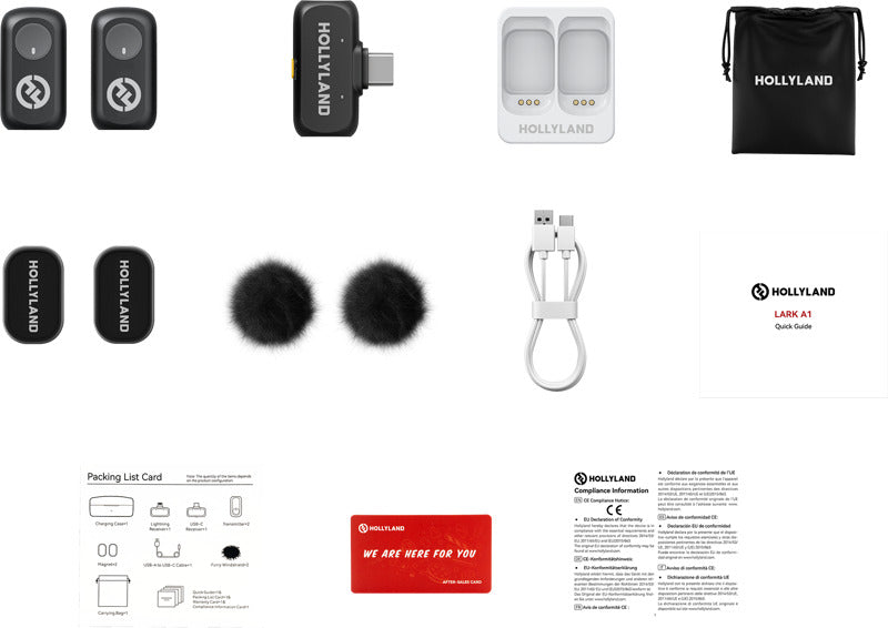Hollyland Lark A1 Mini Duo wireless microphone system with USB-C connectors for creators, shown in a close-up view.
