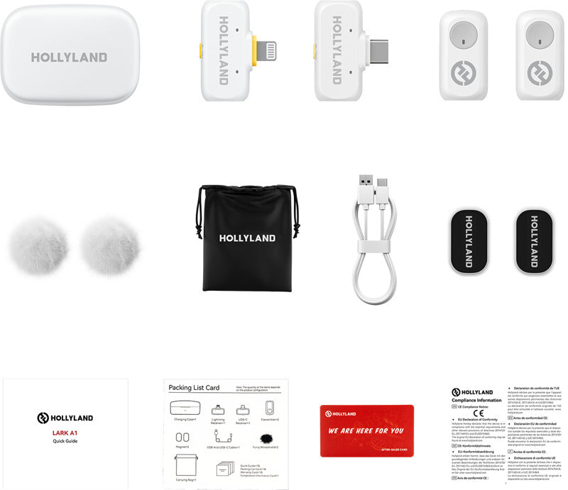 Hollyland Lark A1 Combo creator wireless microphone system with two compact microphones and receiver for high-quality audio.