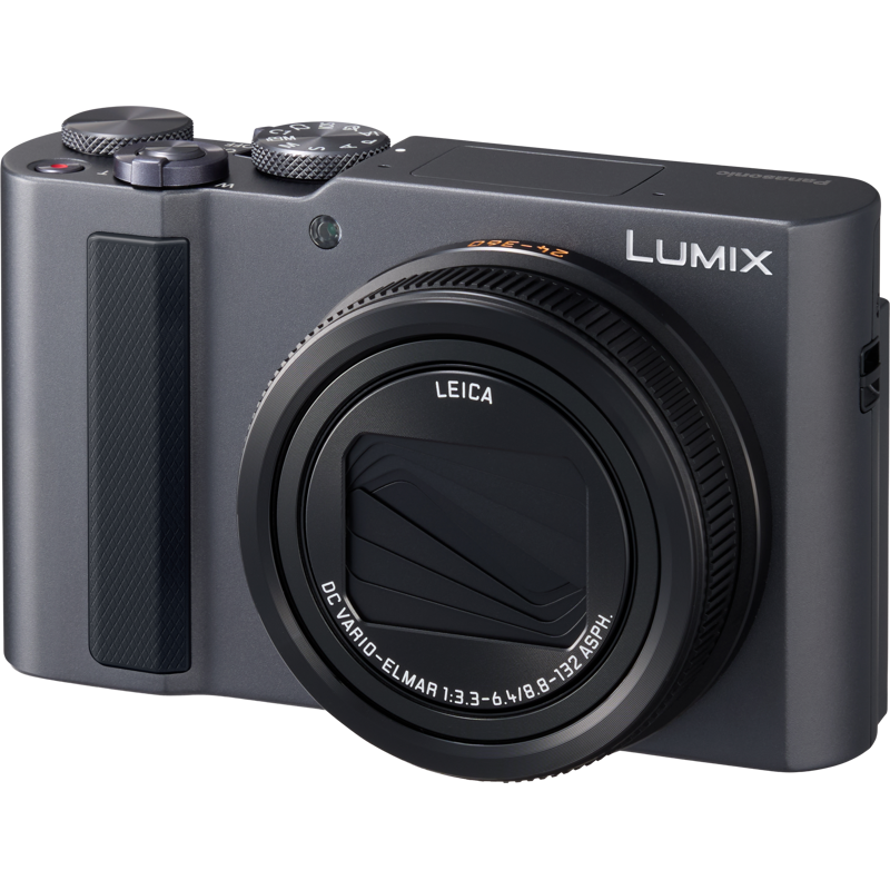 Panasonic LUMIX TZ300 compact camera with 4K video and Leica lens, shown with lens cap and textured grip in close-up view.