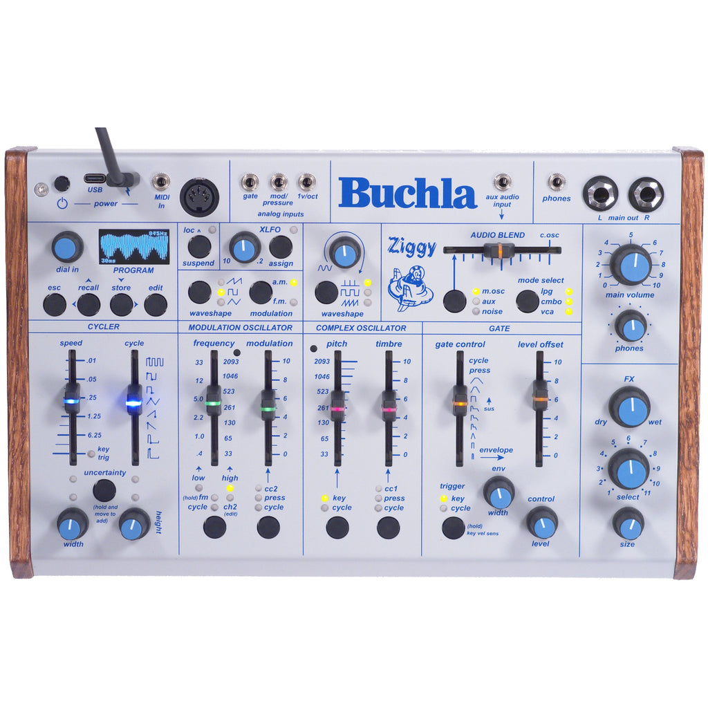 Buchla Ziggy desktop synthesizer with control knobs and patch points, viewed from the top.