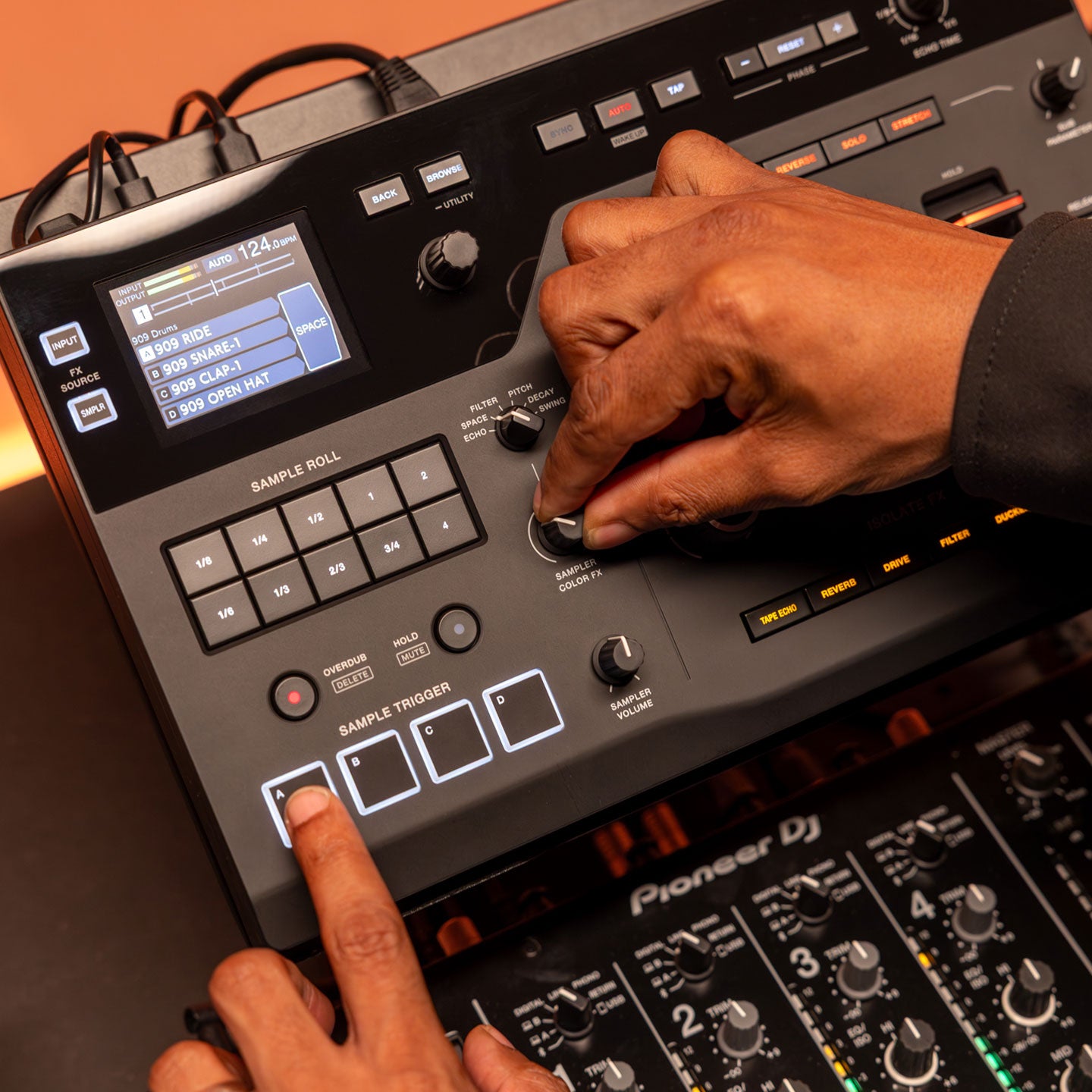 AlphaTheta RMX-IGNITE DJ effects trigger pad with colorful sample buttons and controls for music mixing and performance.