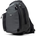 Black Think Tank MindShift PhotoCross Sling V2 camera bag with adjustable strap, designed for carrying video equipment securely.