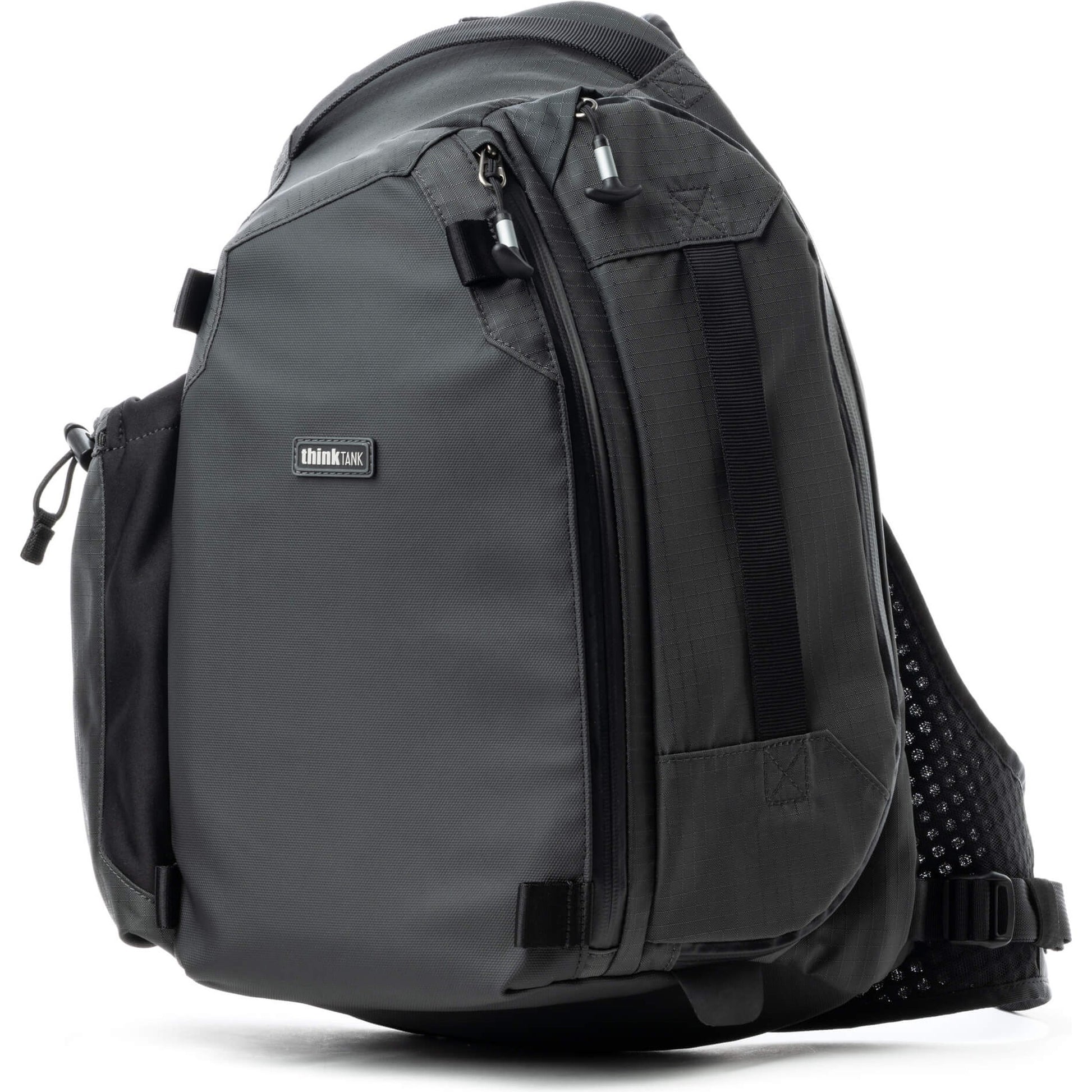 Black Think Tank MindShift PhotoCross Sling V2 camera bag with adjustable strap, designed for carrying video equipment securely.