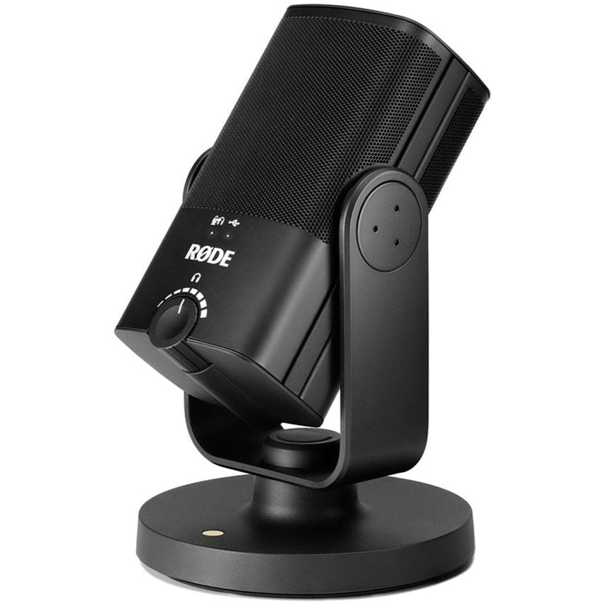 Rode NT-USB Mini USB microphone on a desk with stand and cable, ideal for streaming, podcasting, and recording.