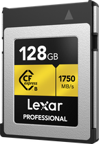 Lexar CFexpress Pro Gold memory card with R1750/W1500 speed ratings, showing the gold-colored card and branding.