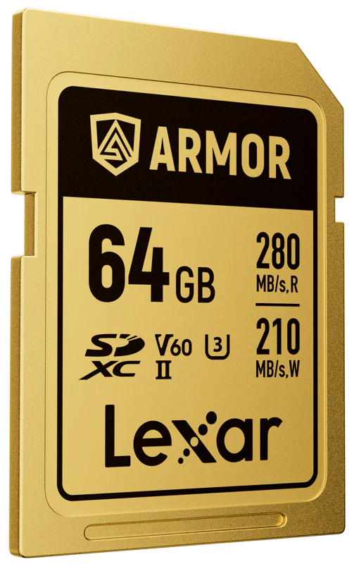 Lexar SDXC ARMOR Gold UHS-II U3 memory card with stainless steel casing, IP68 waterproof rating, R280/W210 speed.