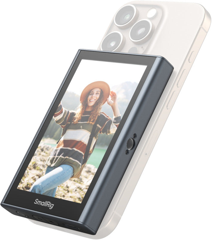SmallRig wireless video monitor for phone in vlog kit, showing compact screen with control buttons and mounting accessories.