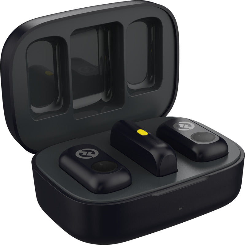 Hollyland Lark A1 Duo wireless microphone system with two clip-on microphone transmitters and receiver for creators.