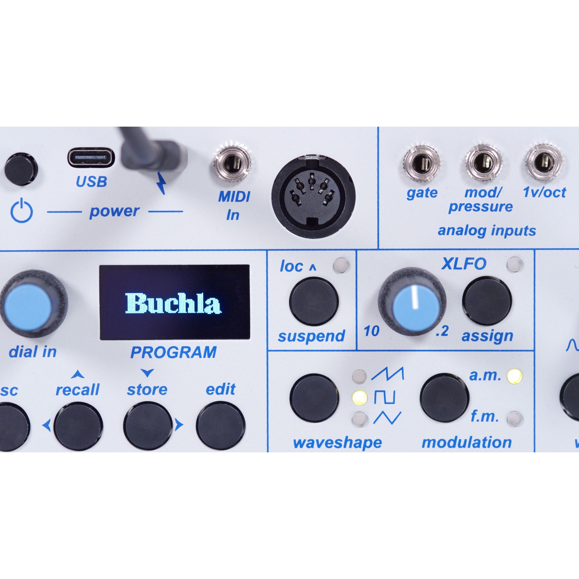 Buchla Ziggy USB-C, MIDI, and analog inputs detail
