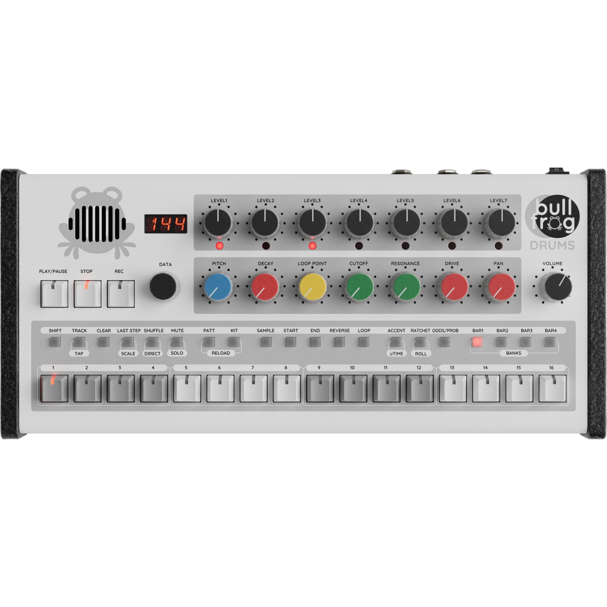 Top view of Erica Synths Bullfrog Drum Machine showing its control knobs and interface for electronic percussion sounds.
