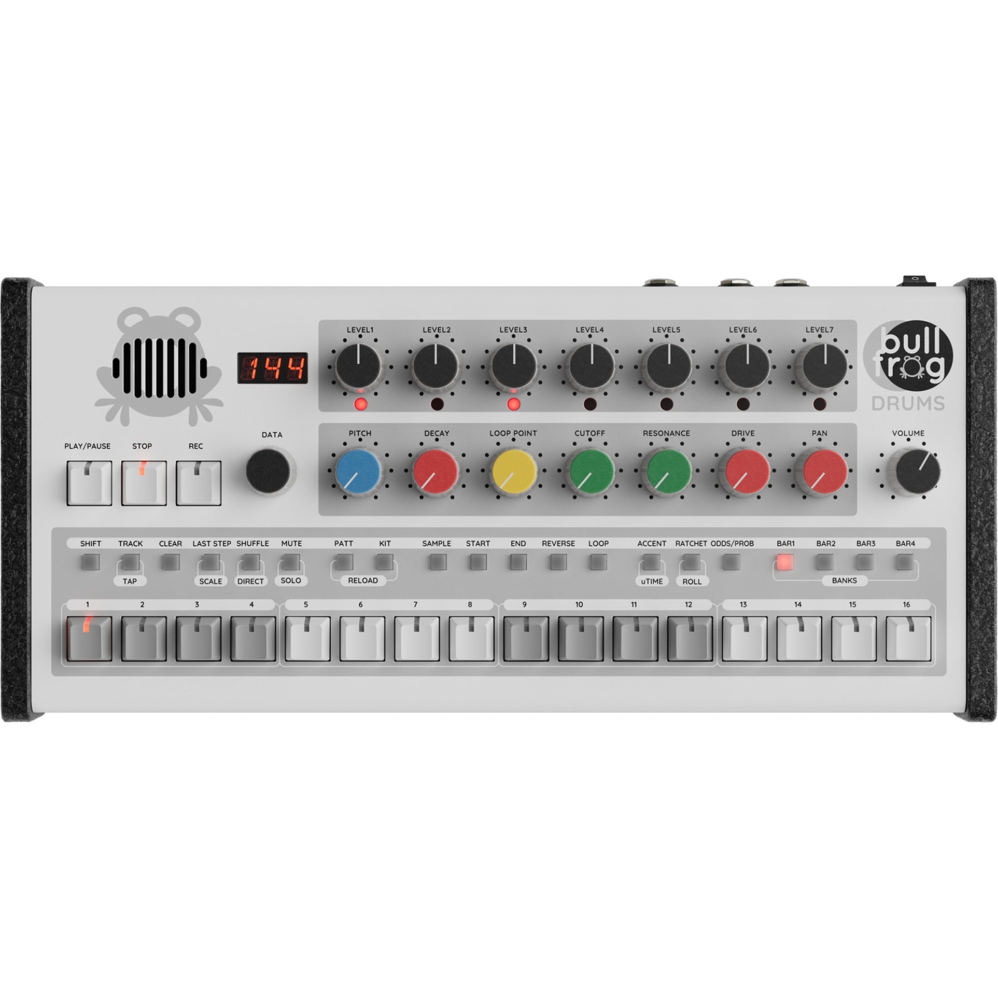 Top view of Erica Synths Bullfrog Drum Machine showing its control knobs and interface for electronic percussion sounds.