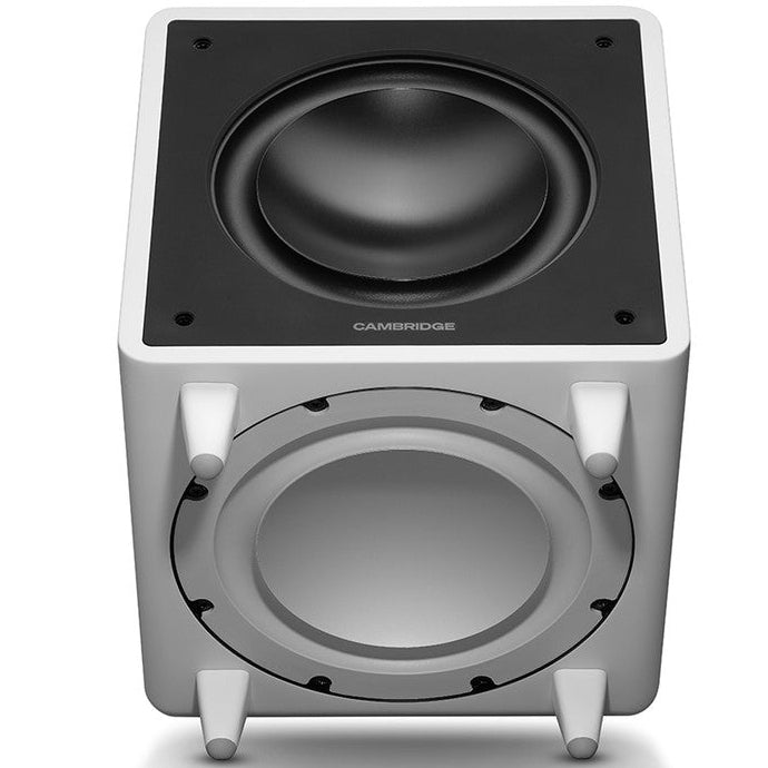 Cambridge Audio MSX Sub 300 subwoofer with sleek black enclosure and front-facing bass port for deep, powerful sound.